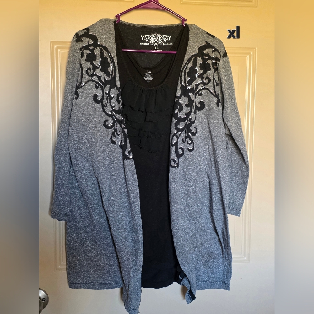Maurices Gray and Black Open Cardigan XL And RUFFLE TANK